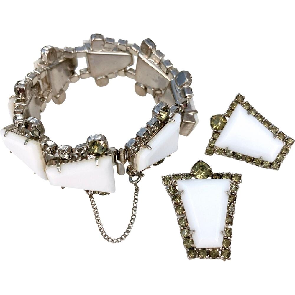 VTG 50s-60s Milk Glass Rhinestone Bracelet Earrings Set Mid-Century Demi Parure